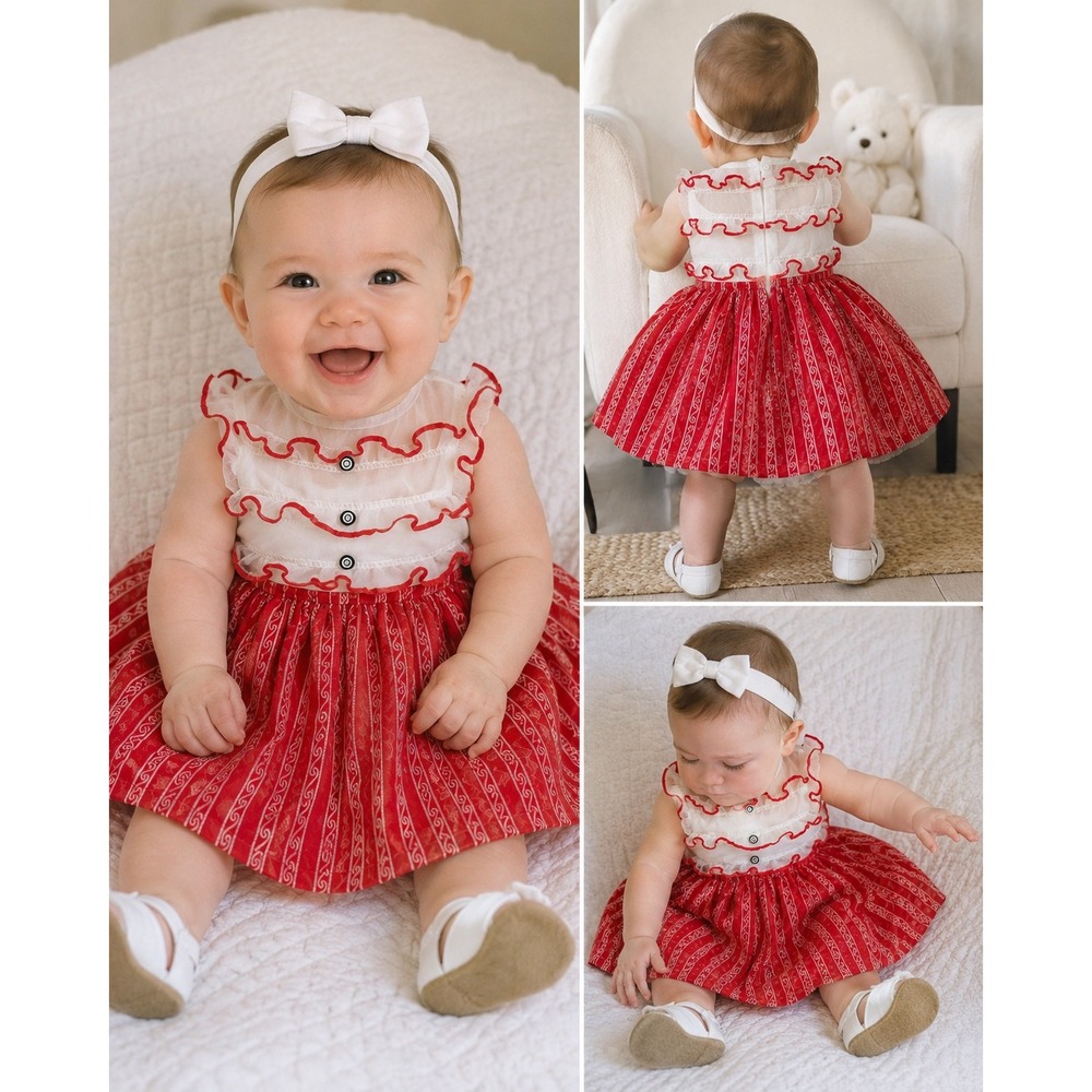 Vintage 50s 60s Handmade Baby Dress Red White Sheer Ruffle Rhinestone 6-12M